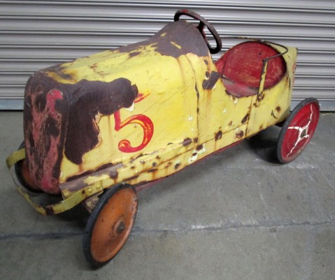 YELLOW VINTAGE BOAT TAIL PEDAL RACE CAR