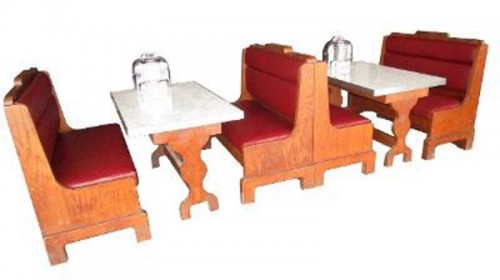 WOODEN DINER BOOTH W/MAROON VINYL CUSHIONS